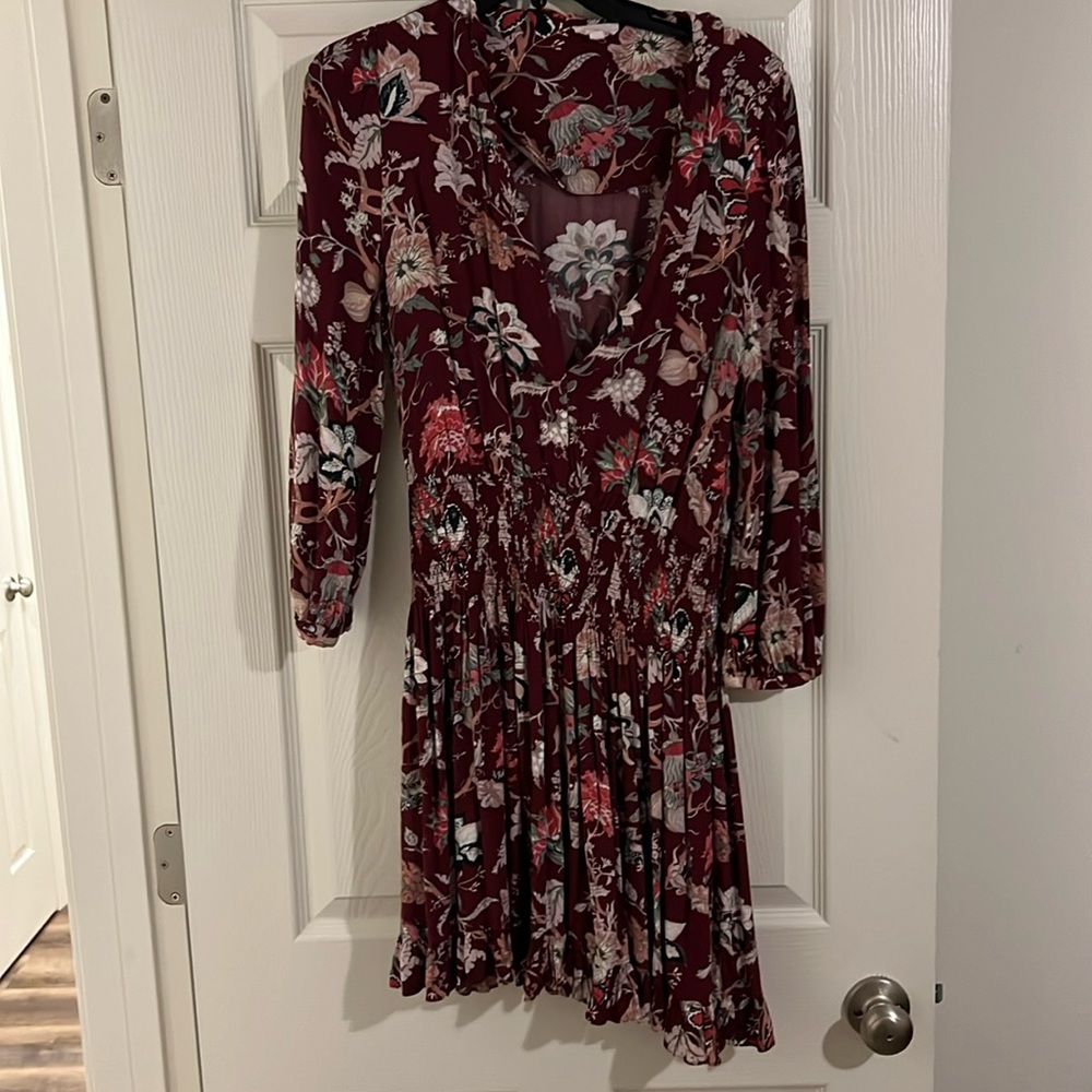 A Loves A Maroon Floral Paisley Long Sleeve Dress Viscose Smocked Waist